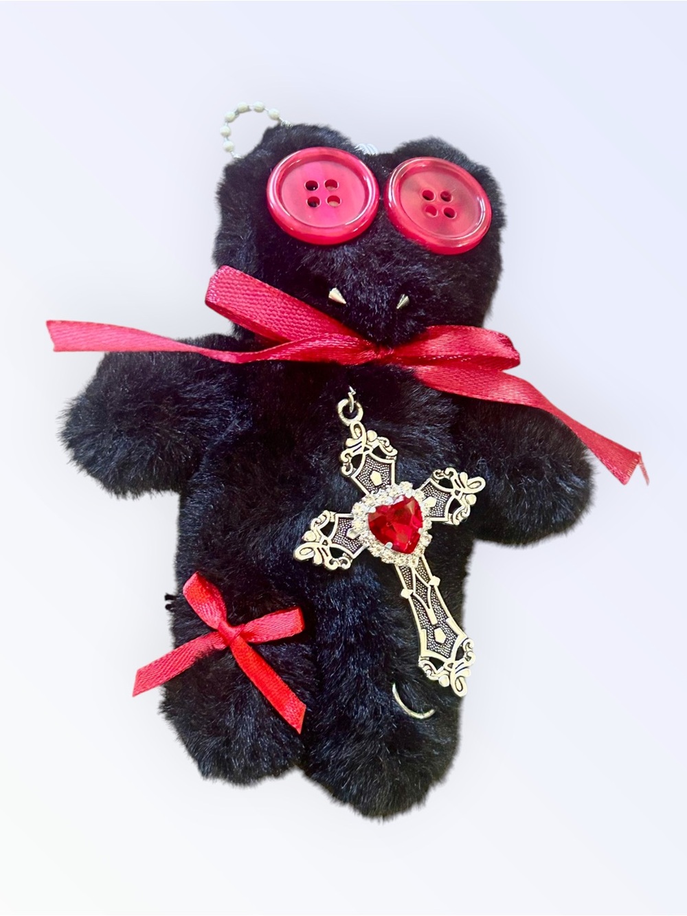 Plush Black Voodoo Doll Keychain with Red Accents